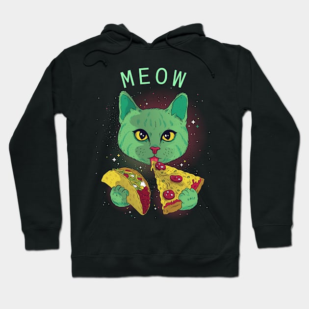 Cosmic Space Cat Eating Taco And Pizza Hoodie by Monday Cattitude